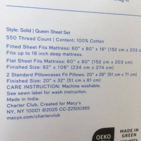 new Charter Club Damask Solid 550 TC 100% Cotton QUEEN Sheet Set in SMOKE - Picture 4 of 6